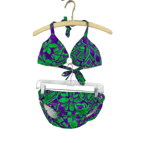 VTG Calypso 4 Pc Play Set Sz S Skirt Tie Top + Bikini Purple Green Floral Print - Picture 9 of 14